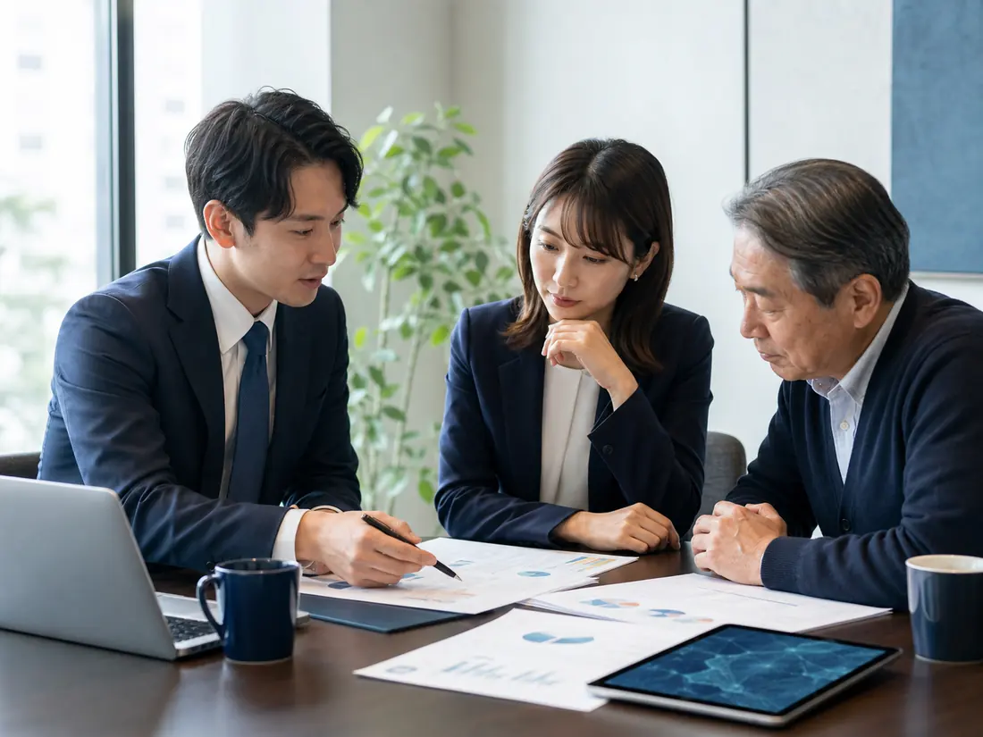 船橋周辺の会社売却について資料を確認する専門家と経営者