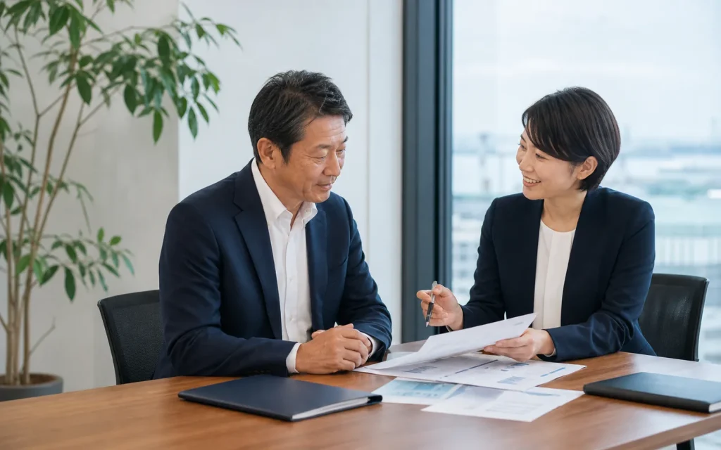 船橋周辺の会社売却について相談する経営者とM&Aアドバイザー