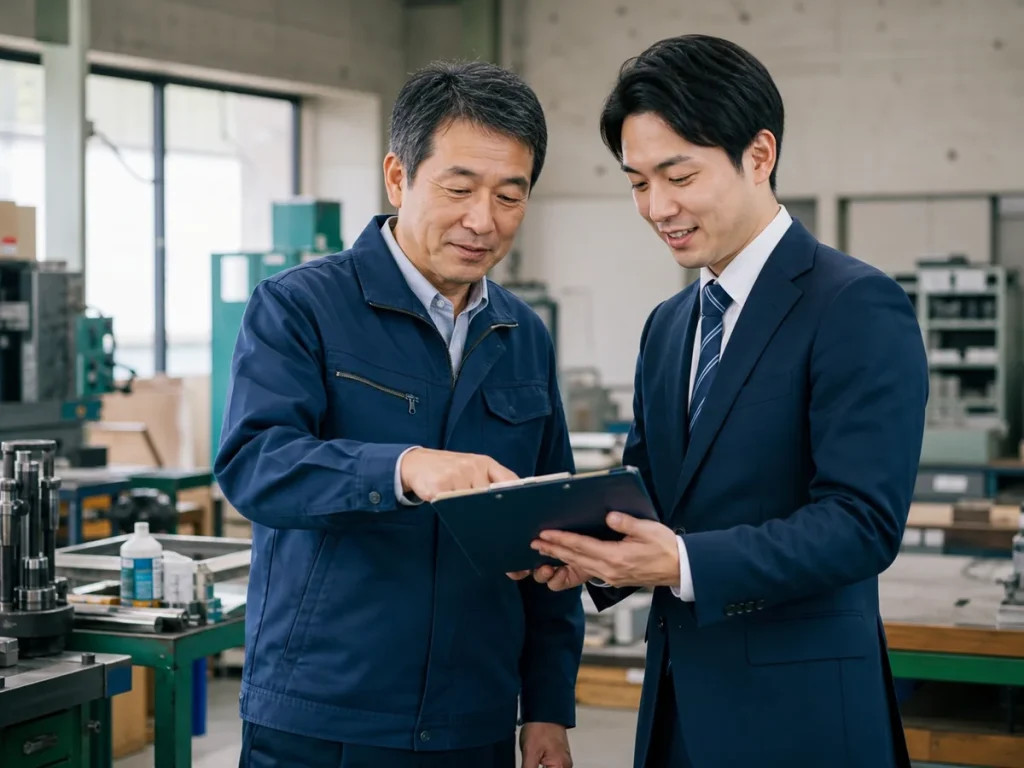 船橋周辺の製造業承継について確認する経営者とM&Aアドバイザー