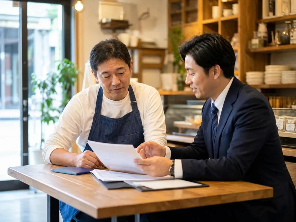 地域店舗の事業承継について相談する経営者とM&Aアドバイザー