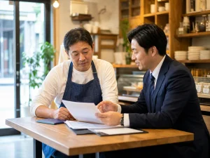 地域店舗の事業承継について相談する経営者とM&Aアドバイザー