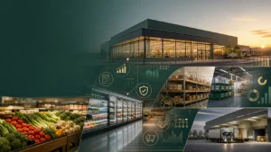 食品スーパーのM&Aで生鮮売場と店舗資料を確認する経営者と承継担当者